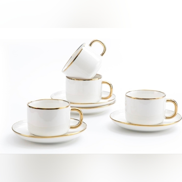 Other - Elegant White Porcelain Teacup and Saucer Set with Gold Trim - Home Dining